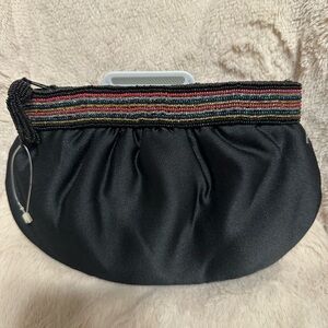Express Black Satin Clutch with Multicolor Beaded Trim